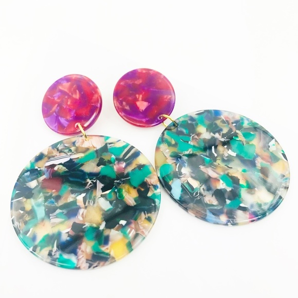 Circle Drop Earrings in Green with Pink Stud - Picture 6 of 8